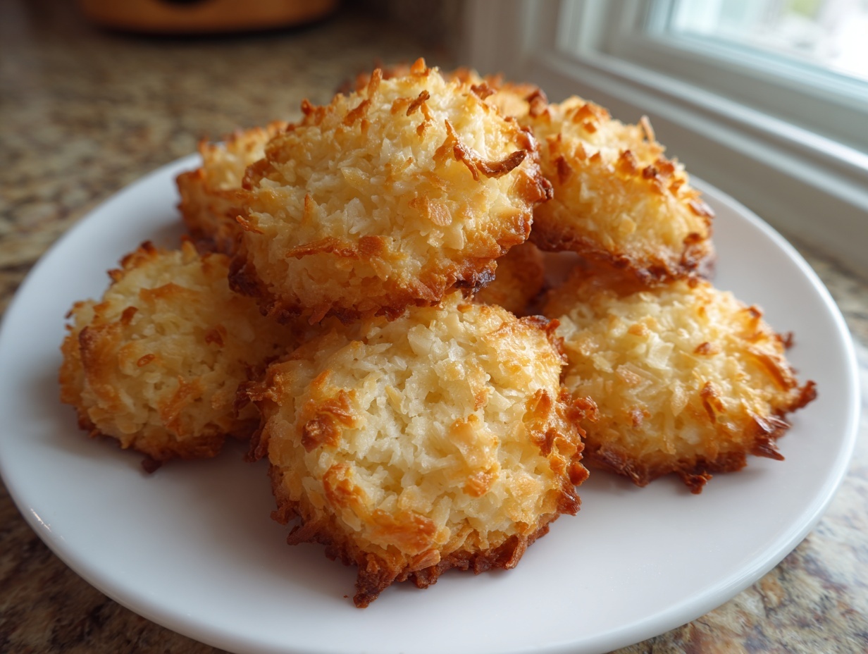 A close-up of several golden brown keto coconut cookies piled on a white plate near a window.