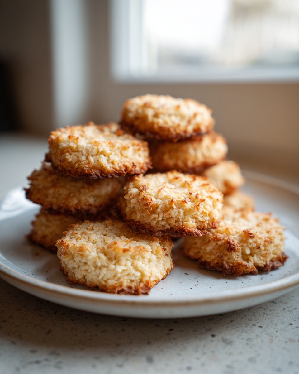 A stack of golden brown keto coconut cookies piled high on a speckled ceramic plate, ready to eat.