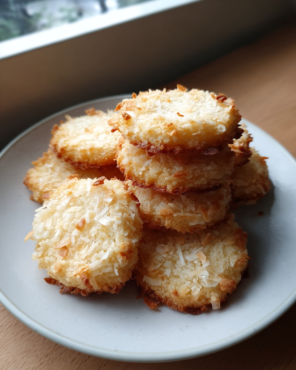 A stack of golden-brown, toasted keto coconut cookies piled on a light gray plate.