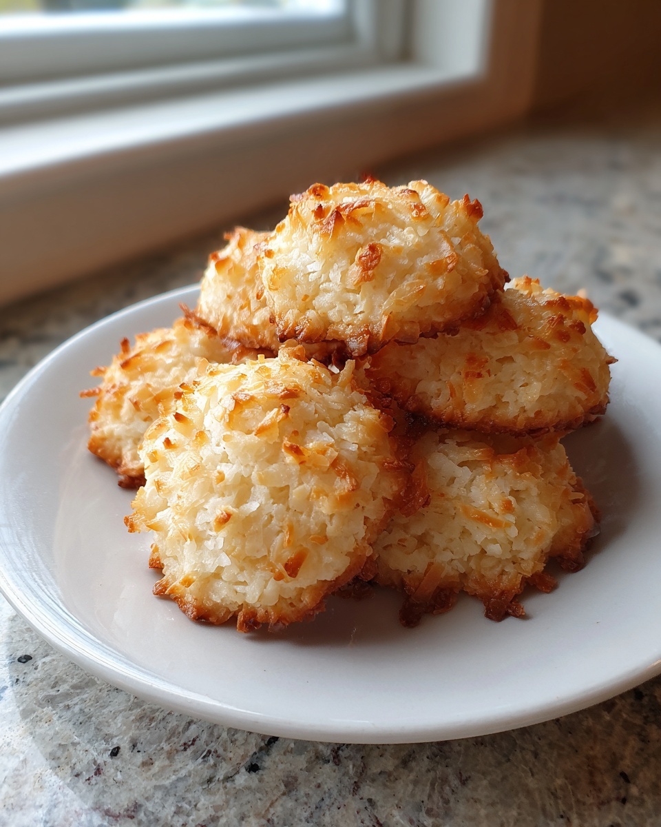 A stack of golden brown, toasted keto coconut cookies piled high on a white plate.
