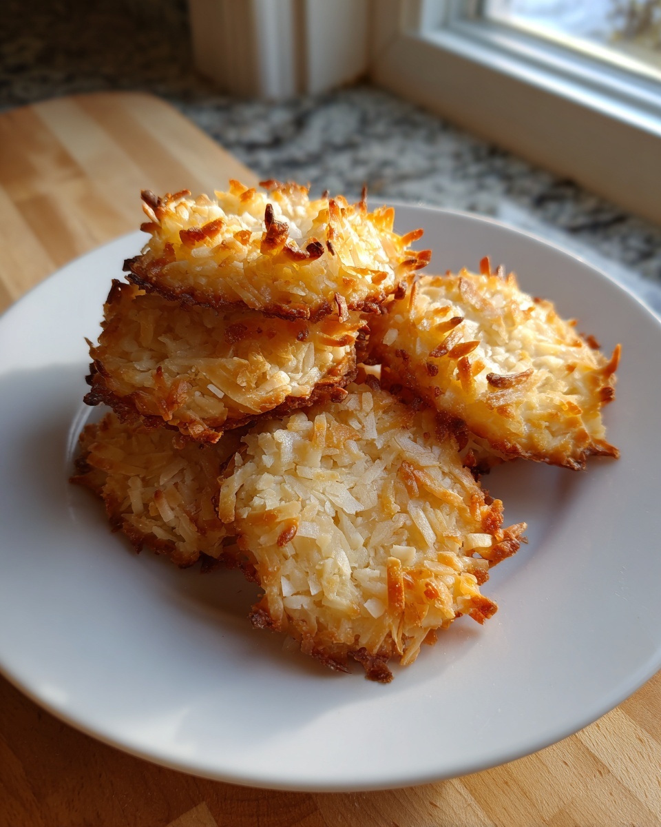 A stack of golden brown, toasted keto coconut cookies resting on a white plate near a window.