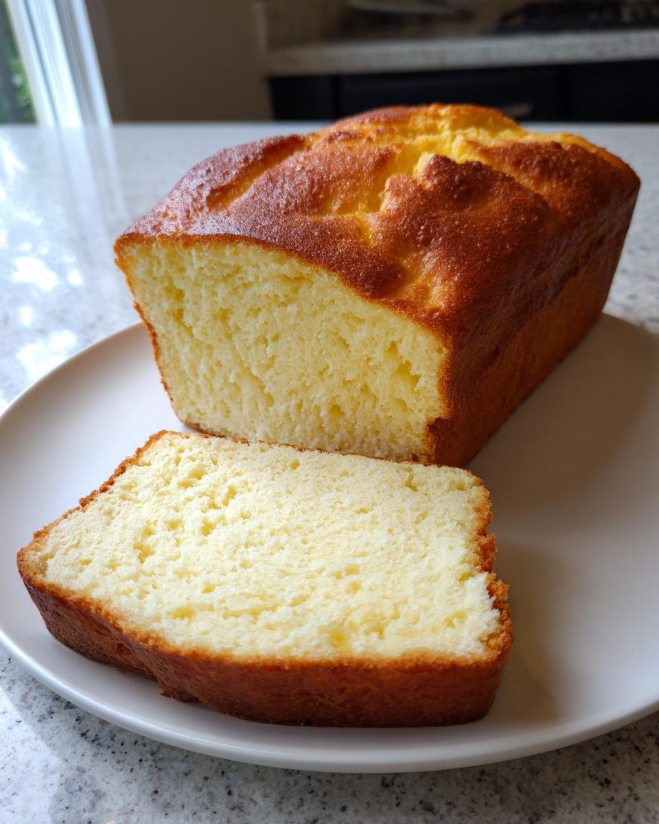 A golden-brown loaf of keto cottage cheese bread with one thick slice cut and resting beside it on a white plate.