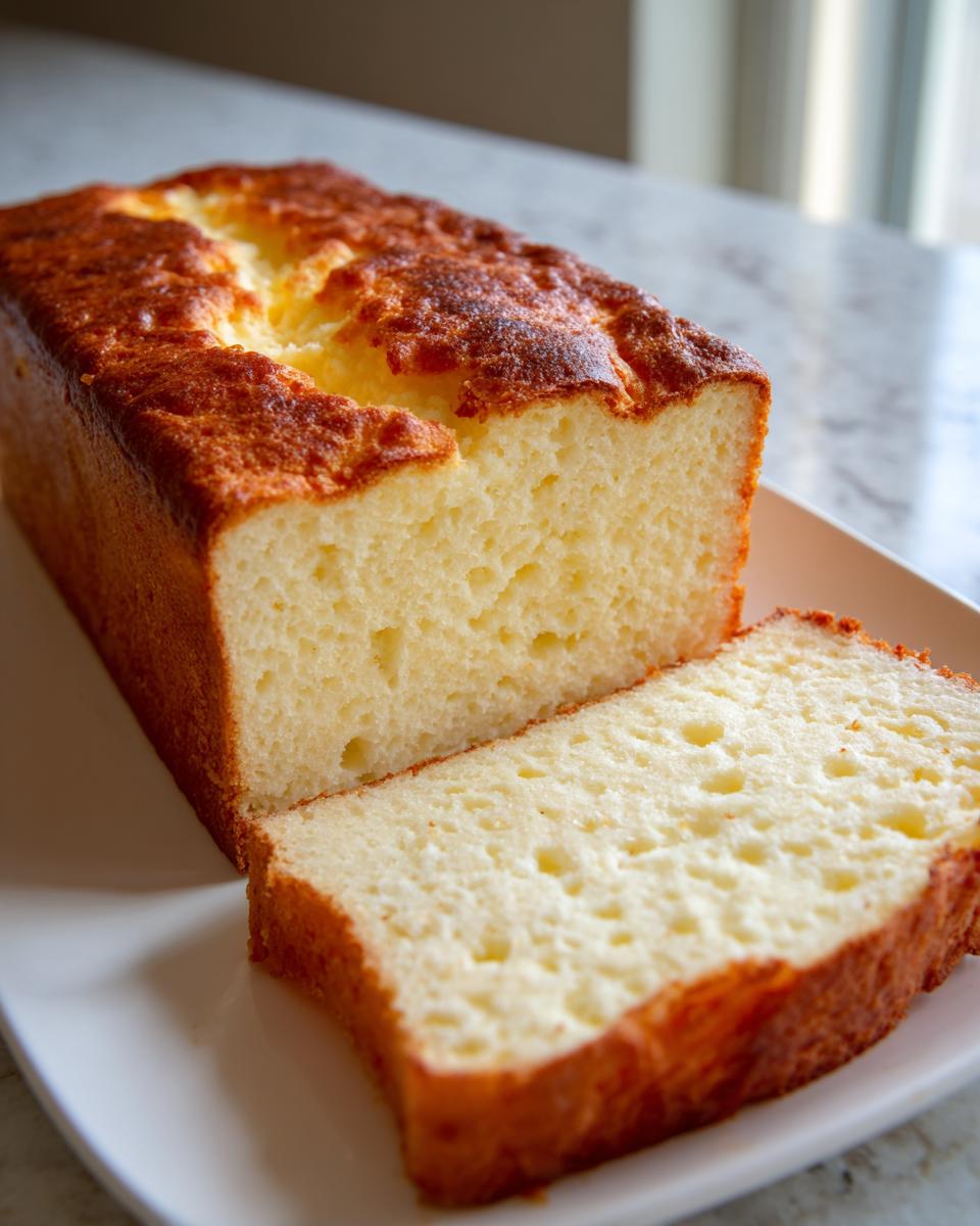 A golden-brown loaf of keto cottage cheese bread, partially sliced, showing the fluffy interior texture.