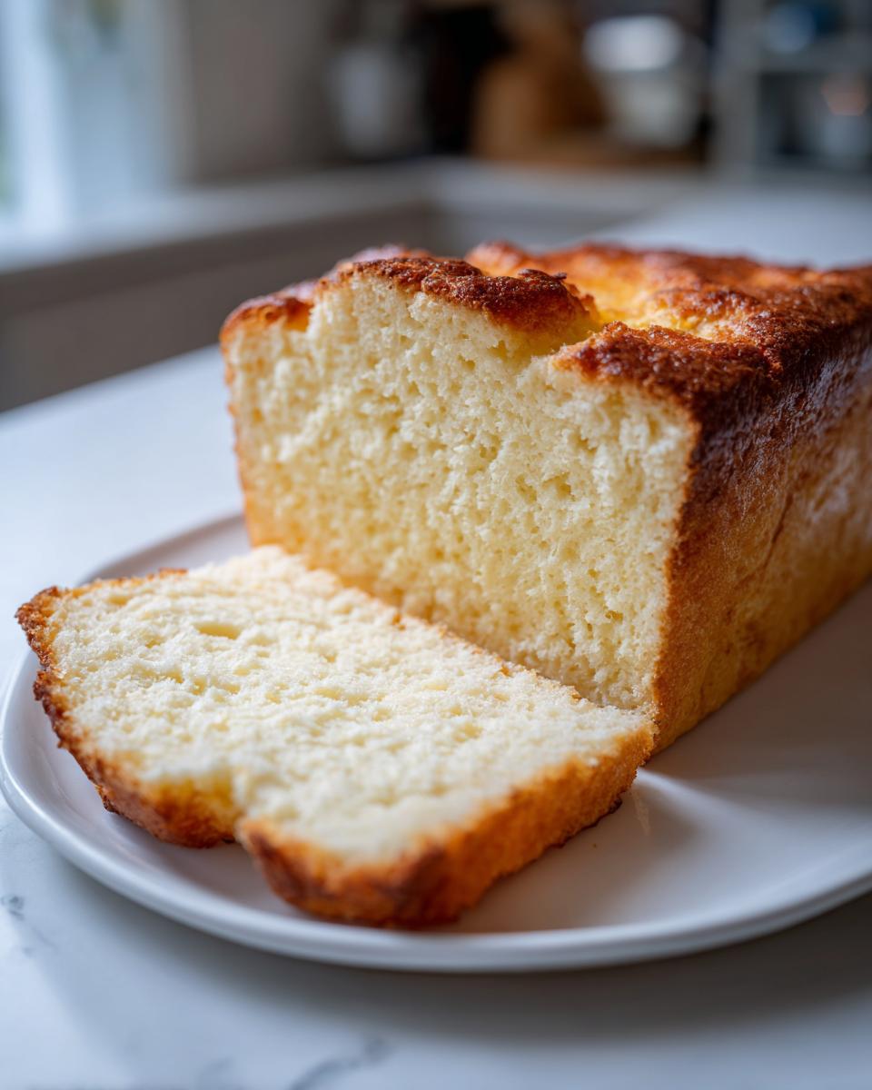 A golden-brown loaf of keto cottage cheese bread, with one thick slice cut and resting against it on a white plate.