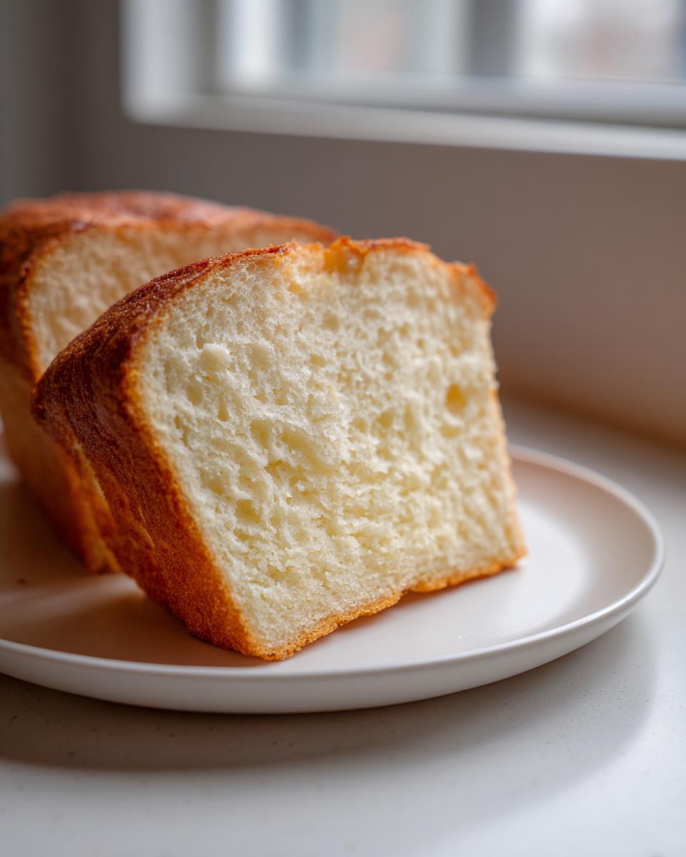Close-up of a thick slice of fluffy keto cottage cheese bread on a white plate.