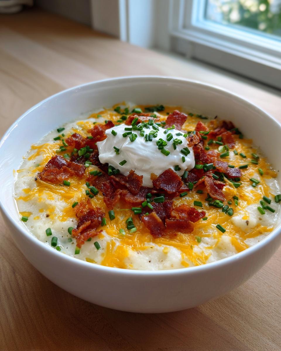 A bowl of creamy loaded baked potato soup crockpot easy, topped with cheese, bacon, sour cream, and chives.