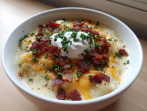 A close-up of a bowl of loaded baked potato soup crockpot easy, topped with sour cream, bacon bits, cheese, and chives.