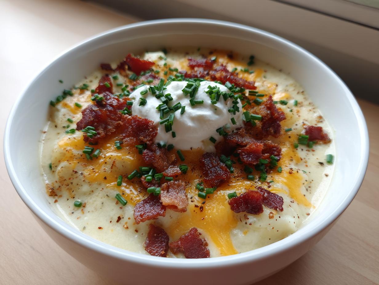 A close-up of a bowl of loaded baked potato soup crockpot easy, topped with sour cream, bacon bits, cheese, and chives.