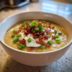 A creamy bowl of loaded baked potato soup crockpot easy frozen potatoes topped with sour cream, bacon, and green onions.