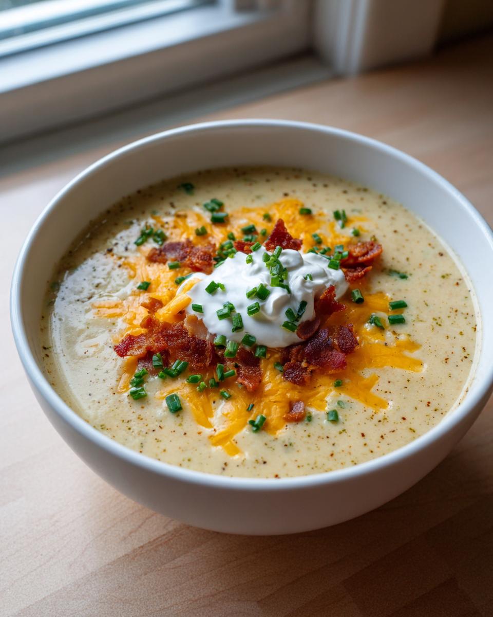 A creamy bowl of loaded baked potato soup crockpot recipe topped with cheddar, bacon, sour cream, and chives.