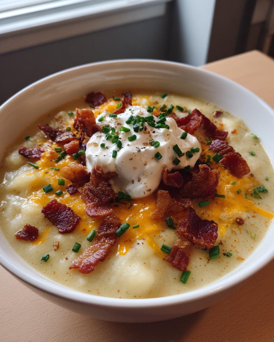 A close-up of creamy loaded baked potato soup crockpot easy topped with sour cream, bacon, cheese, and chives.