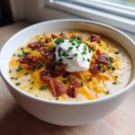 A close-up of a bowl of loaded baked potato soup crockpot easy, topped with cheese, bacon, sour cream, and chives.
