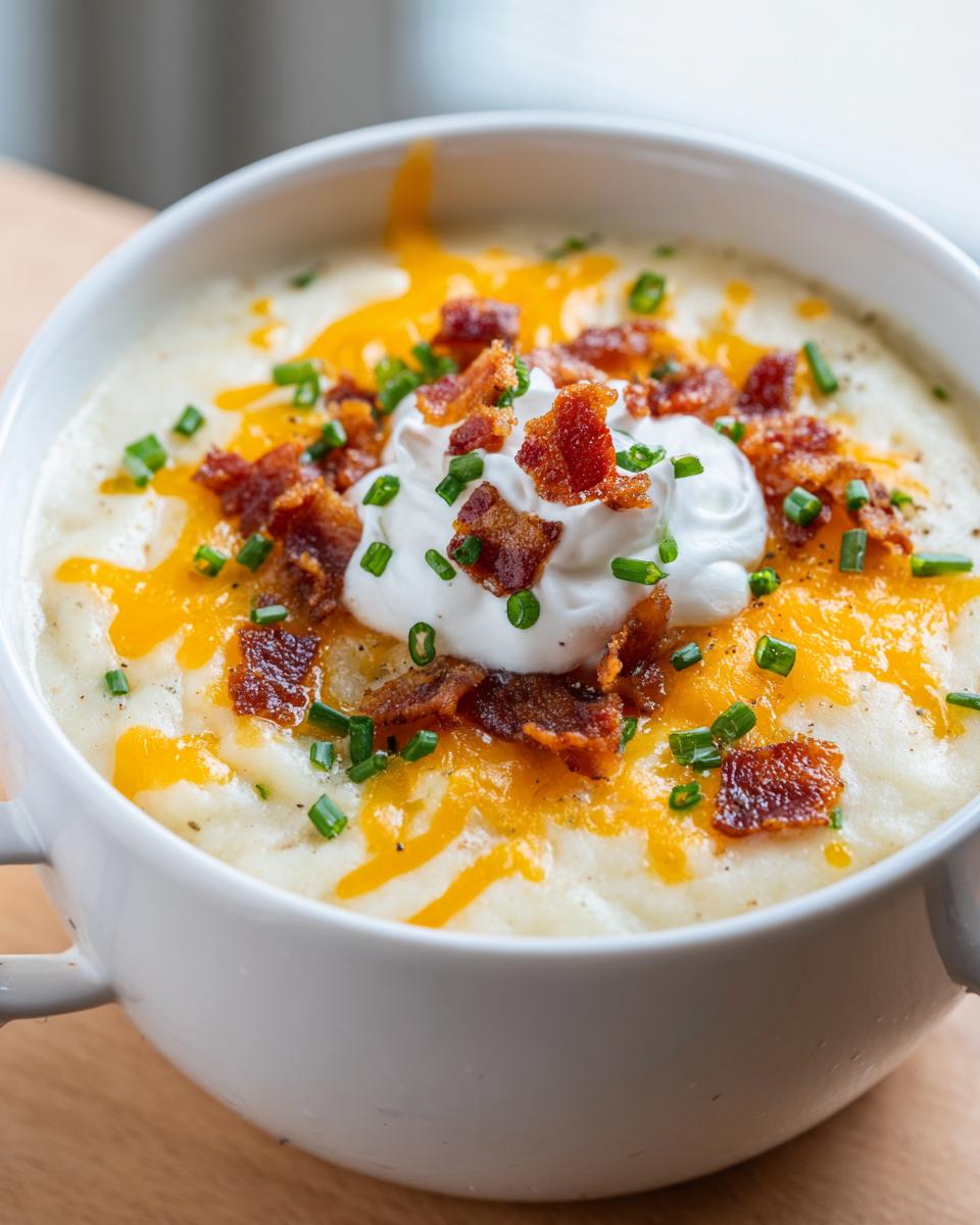 Close-up of a bowl of loaded baked potato soup crockpot easy, topped with cheese, bacon, and sour cream.
