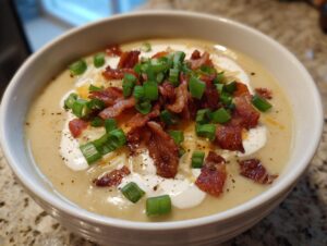 A creamy bowl of loaded baked potato soup crockpot topped with bacon, sour cream, cheese, and green onions.