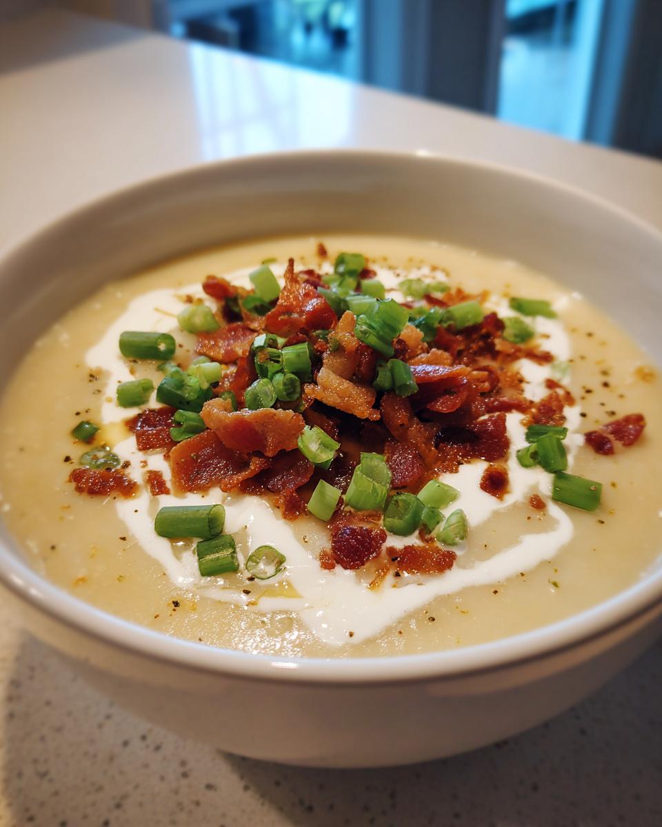A bowl of creamy loaded baked potato soup crockpot topped with sour cream, bacon bits, and green onions.