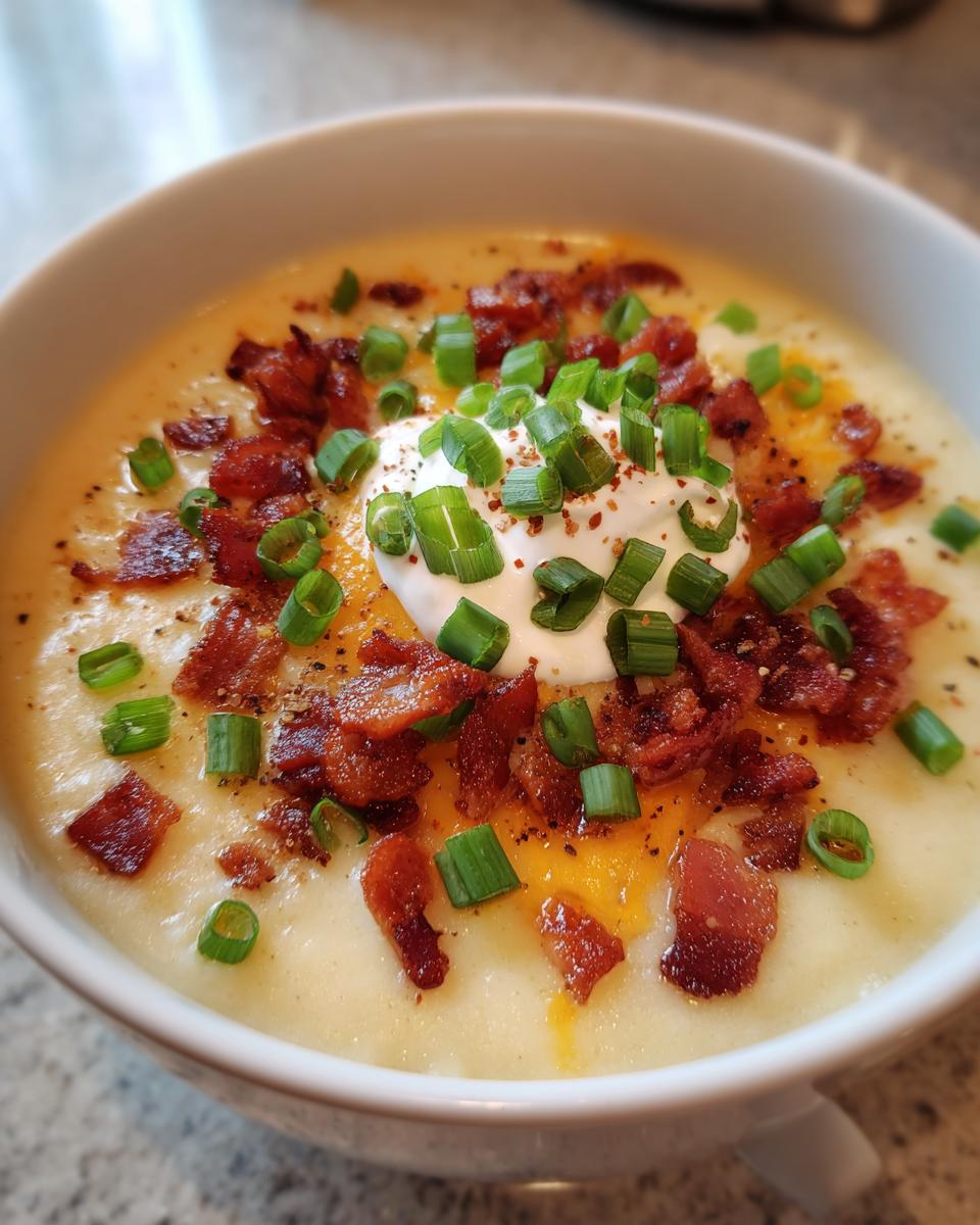 Close-up of creamy loaded baked potato soup crockpot topped with sour cream, bacon, and green onions.