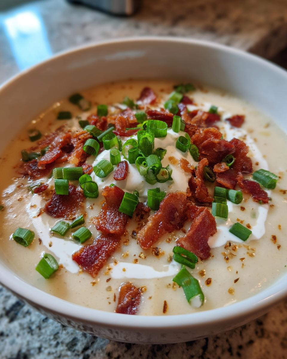Close-up of creamy loaded baked potato soup crockpot topped with sour cream, crispy bacon, and fresh green onions.