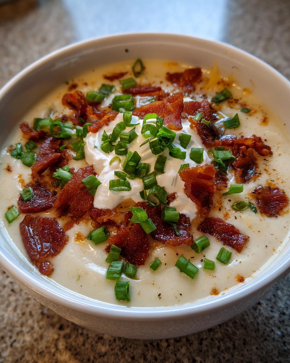 Close-up of creamy loaded baked potato soup crockpot topped with sour cream, bacon, and chives.