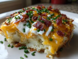 A close-up serving of loaded baked potato soup with hashbrowns, topped with melted cheddar, sour cream, bacon, and chives.