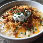 A creamy bowl of loaded baked potato soup with hashbrowns, bacon, cheese, sour cream, and chives.
