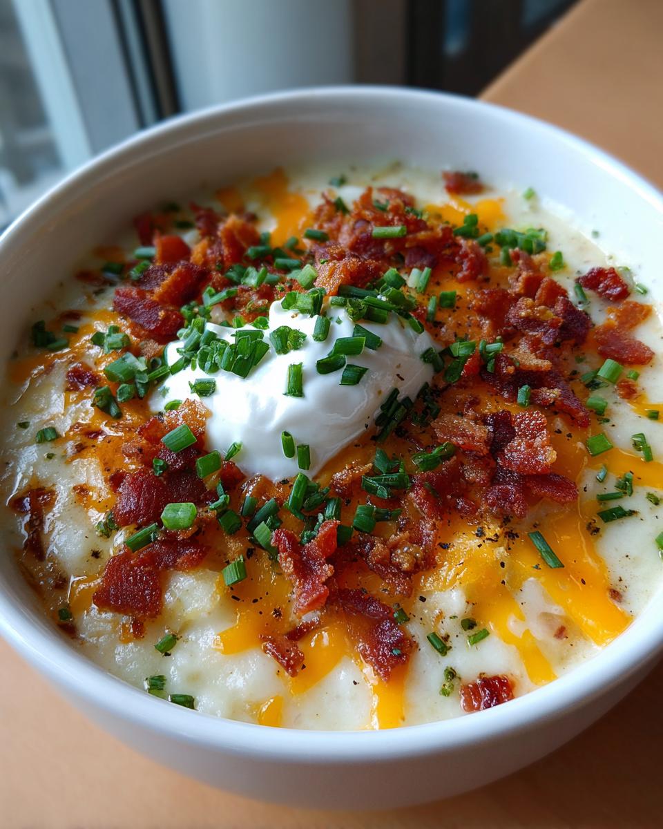 Close-up of loaded baked potato soup with hashbrowns, topped with sour cream, bacon, cheese, and chives.
