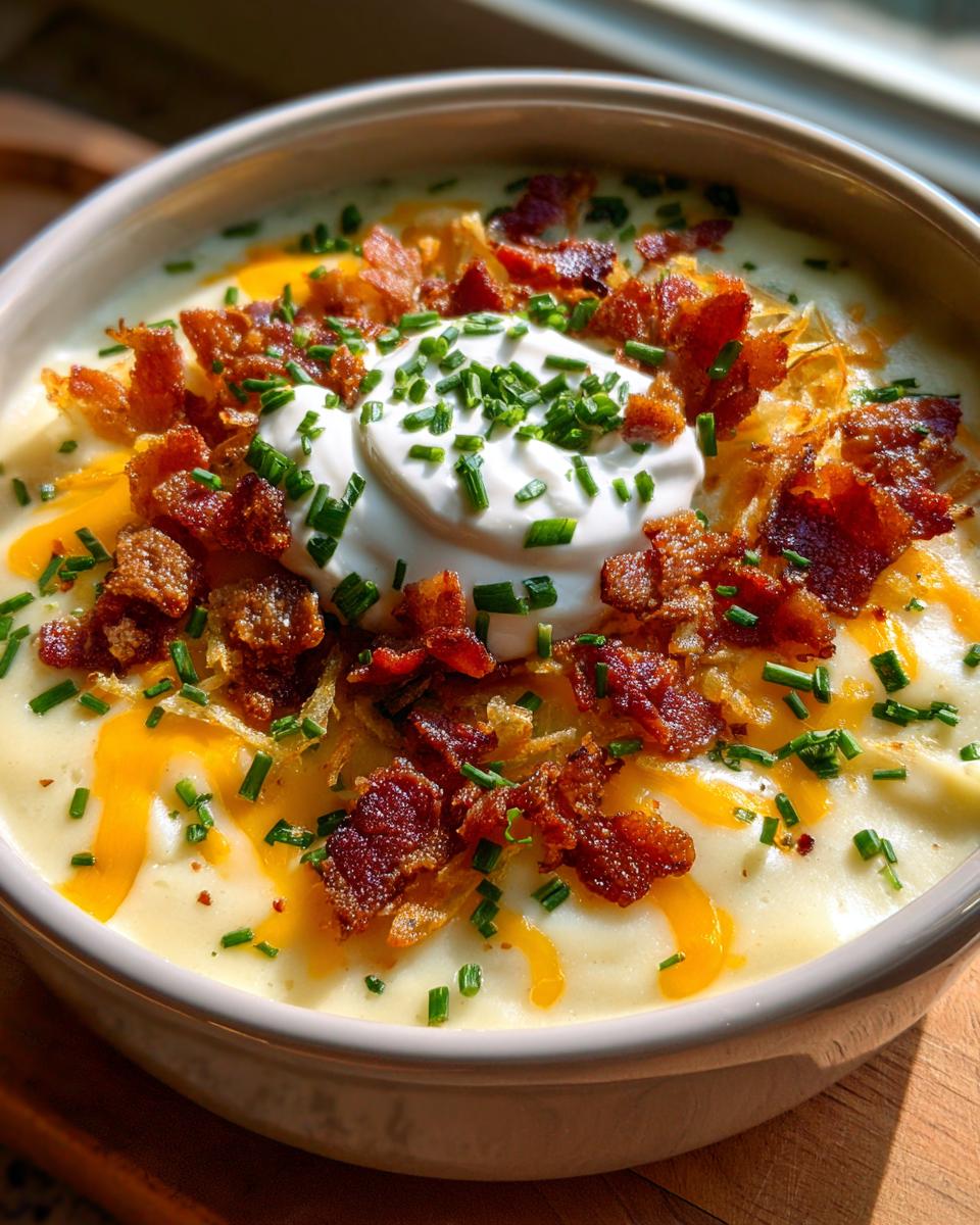 Close-up of loaded baked potato soup with hashbrowns, topped with sour cream, bacon, cheese, and chives.
