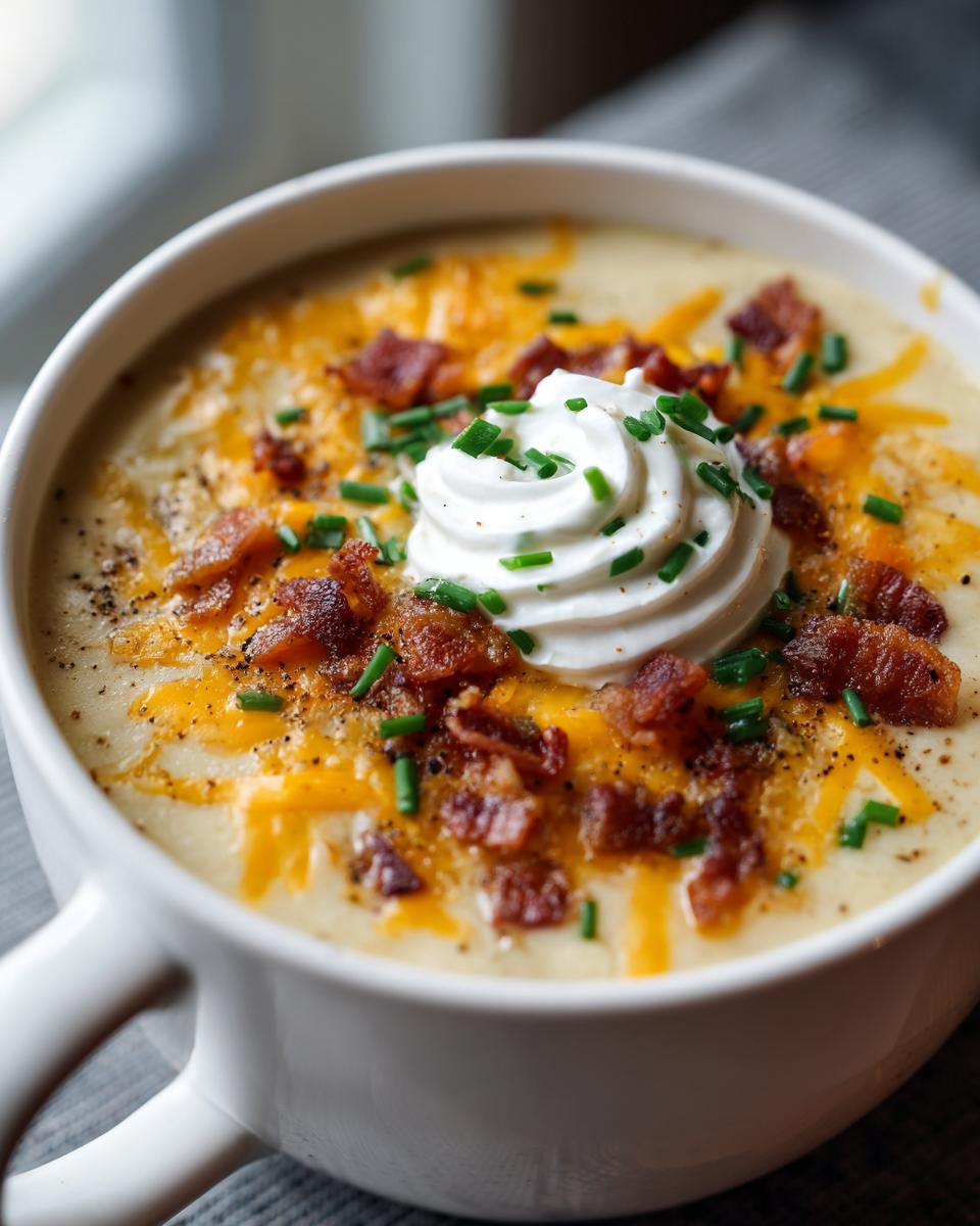 Close-up of loaded baked potato soup with hashbrowns, topped with sour cream, bacon, cheese, and chives.