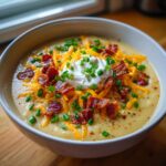 A close-up of creamy loaded baked potato soup topped with shredded cheddar, bacon bits, sour cream, and chives.