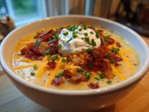 A creamy bowl of loaded baked potato soup topped with shredded cheddar, bacon bits, sour cream, and chives.