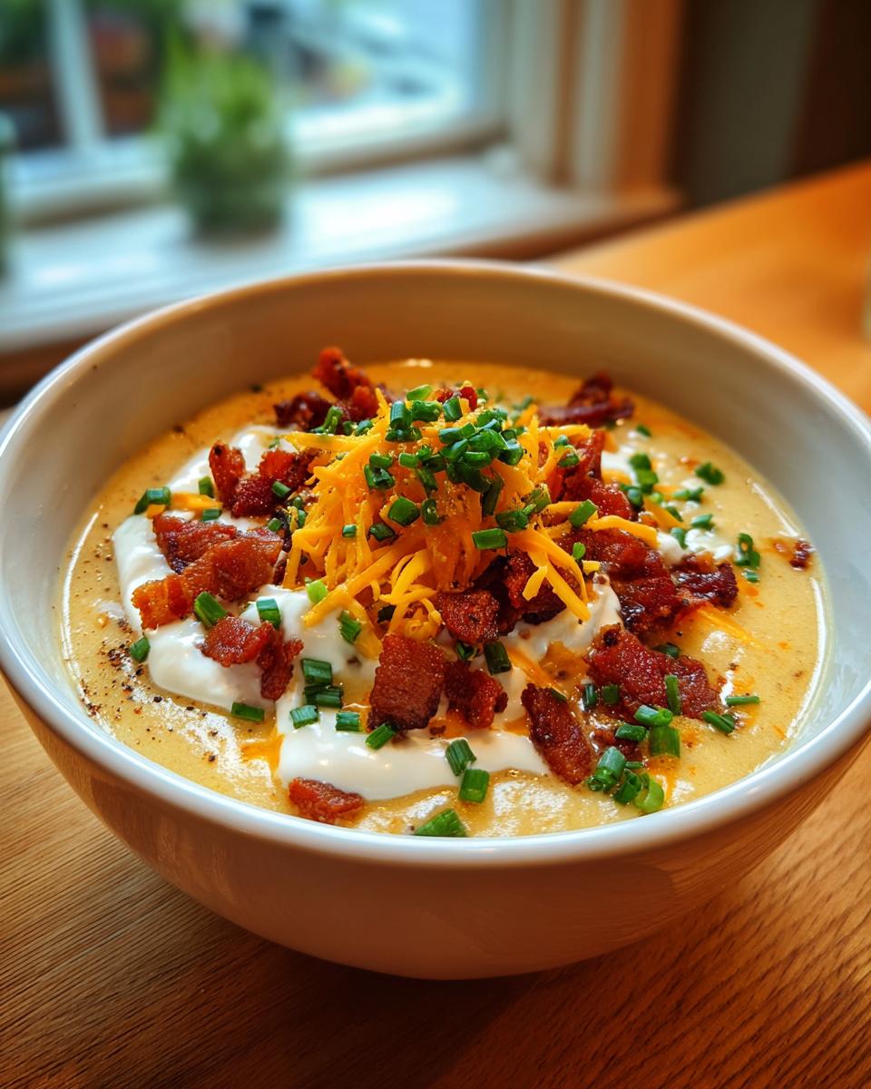 A creamy bowl of loaded baked potato soup topped generously with sour cream, shredded cheddar, bacon bits, and chives.