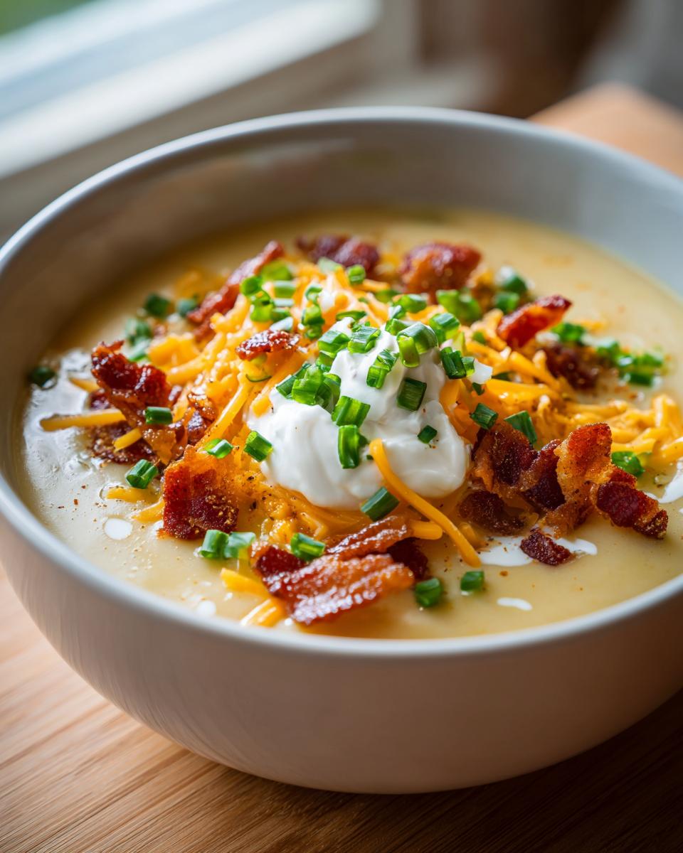 A creamy bowl of loaded baked potato soup topped generously with shredded cheese, bacon bits, sour cream, and chives.