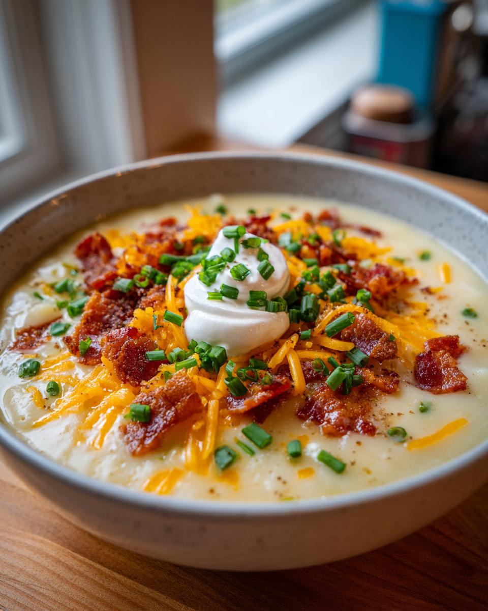 A bowl of creamy loaded baked potato soup topped generously with shredded cheese, bacon bits, sour cream, and chives.