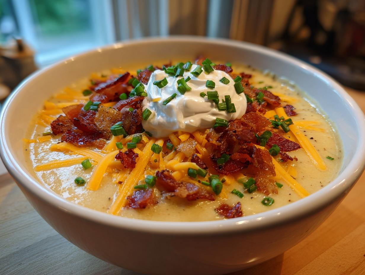 A creamy bowl of loaded baked potato soup topped with shredded cheddar, bacon bits, sour cream, and chives.
