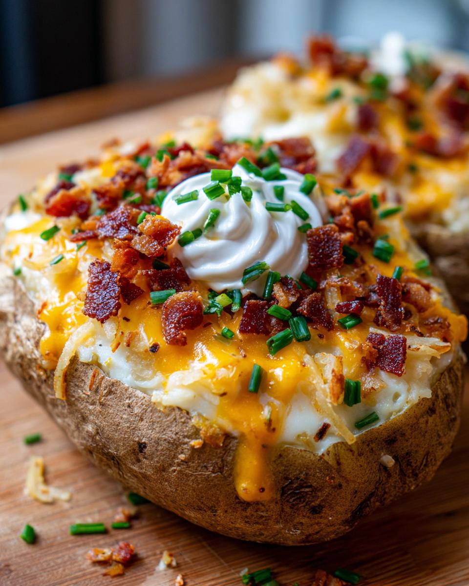 Close-up of a baked potato loaded with cheese, bacon bits, sour cream, and chives, similar to loaded baked potato soup toppings.