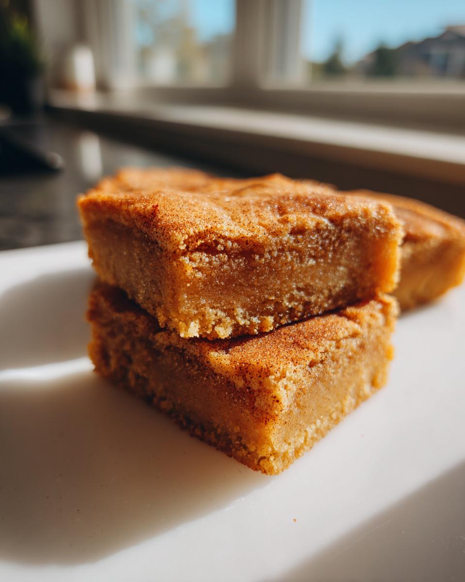 Two stacked, dense snickerdoodle bars dusted with cinnamon sugar, photographed in bright natural light.
