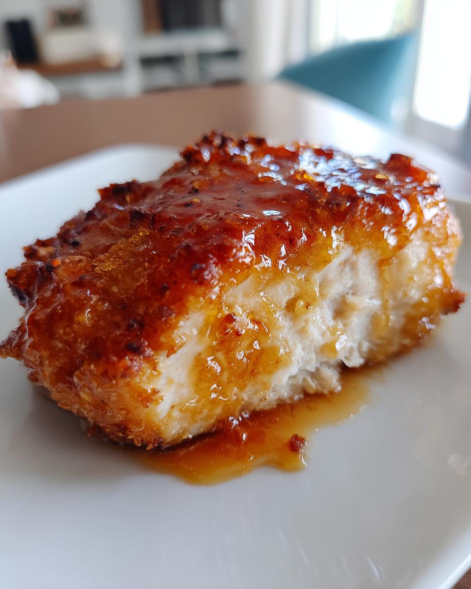 A close-up of a thick, juicy piece of maple dijon chicken, glazed with a sticky, amber sauce.