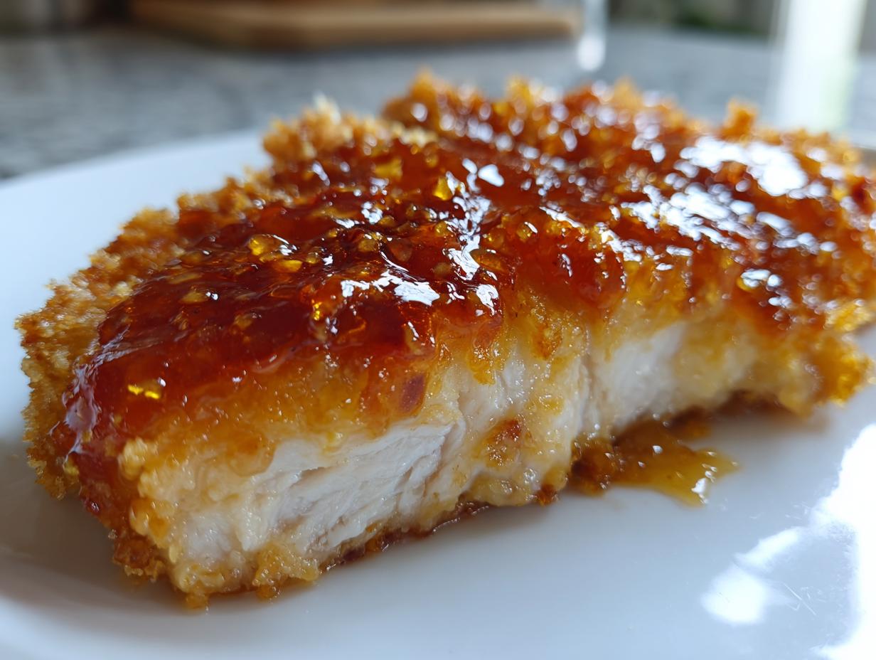 Close-up of a breaded and cooked piece of maple dijon chicken, showing the white interior and a thick, shiny amber glaze.