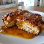 Close-up of two pieces of cooked maple dijon chicken, showing the white interior and thick, shiny maple dijon glaze.