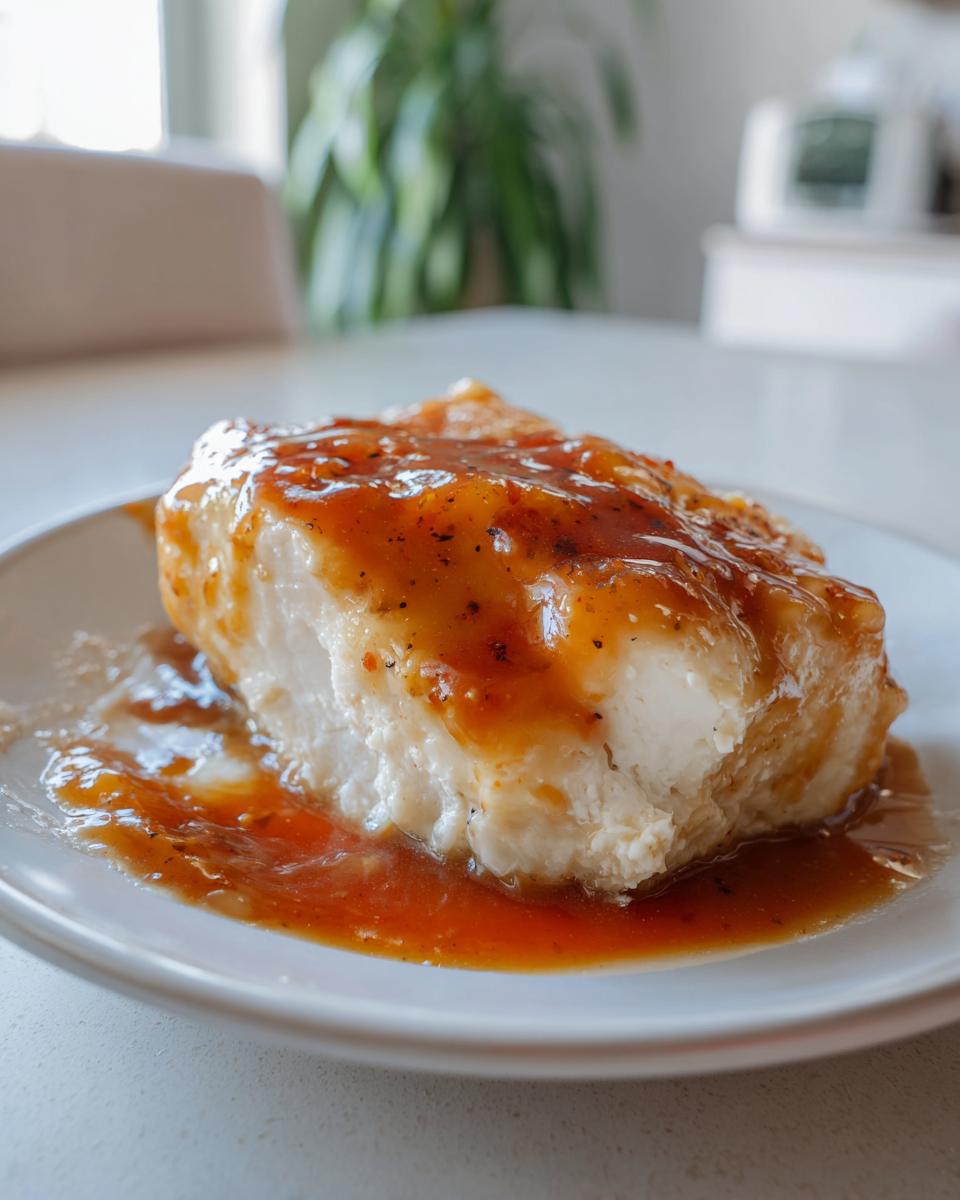 Close-up of a thick, white piece of chicken breast covered in a shiny, orange-brown maple dijon chicken glaze.