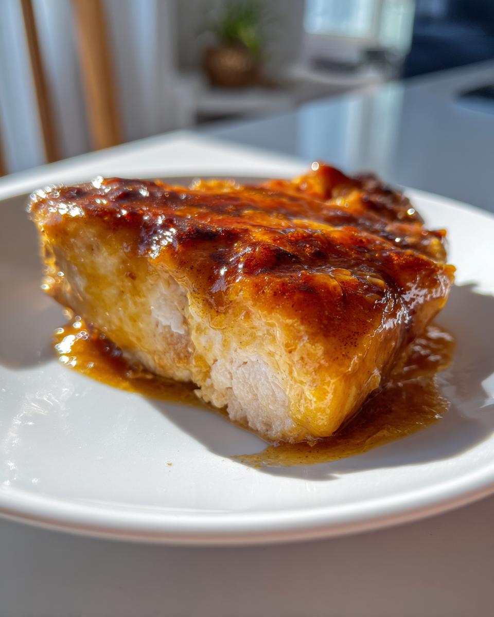 A thick, juicy piece of maple dijon chicken coated in a thick, shiny glaze, resting on a white plate.