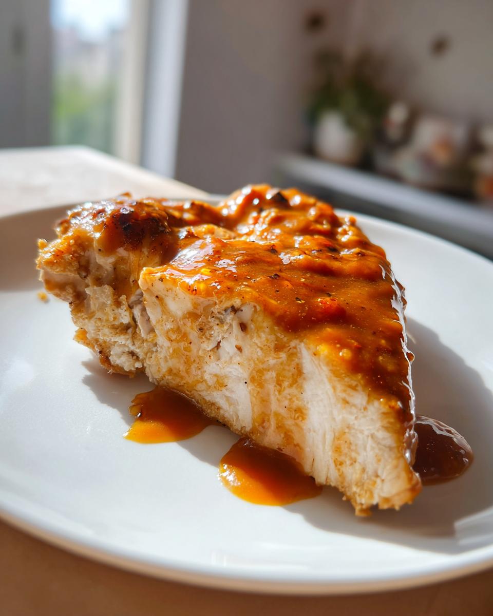 A thick slice of juicy maple dijon chicken breast covered in a rich, orange-brown glaze, served on a white plate.