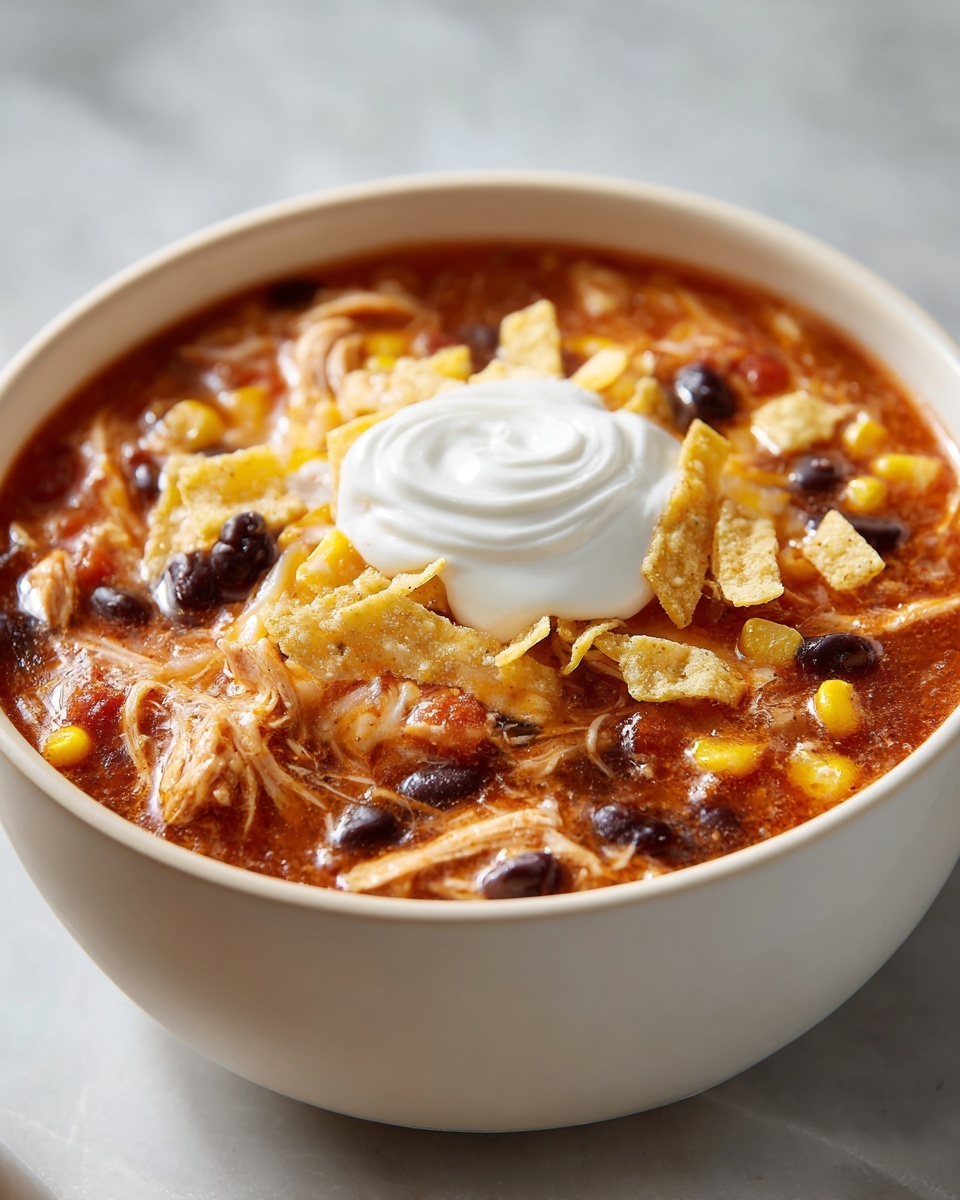 A close-up of Martina McBride's Creamy Chicken Tortilla Soup topped with sour cream, tortilla strips, corn, and black beans.