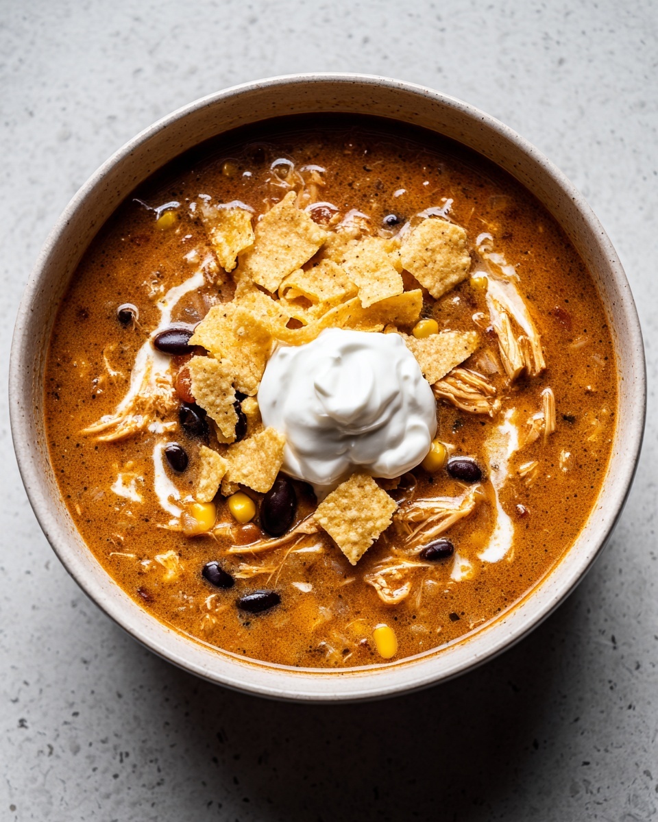 Overhead view of Martina McBride's Creamy Chicken Tortilla Soup topped with sour cream, tortilla chips, and black beans.