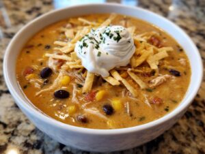 A close-up of Martina McBride's Creamy Chicken Tortilla Soup topped with sour cream and tortilla strips.