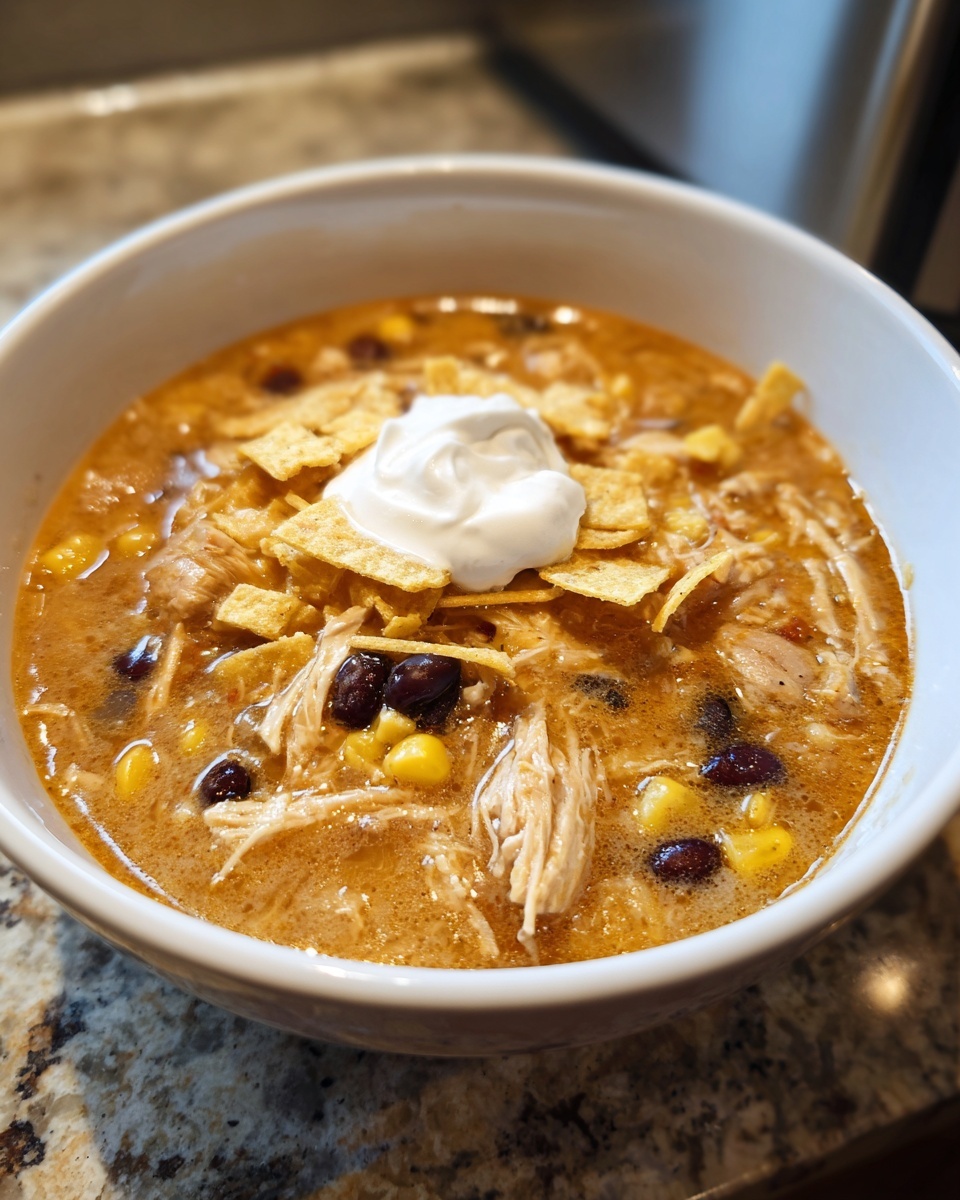 A close-up of Martina McBride's Creamy Chicken Tortilla Soup topped with sour cream and tortilla strips.