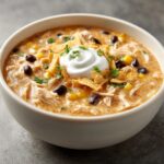 A close-up of Martina McBride's Creamy Chicken Tortilla Soup, garnished with sour cream, tortilla strips, and cilantro.