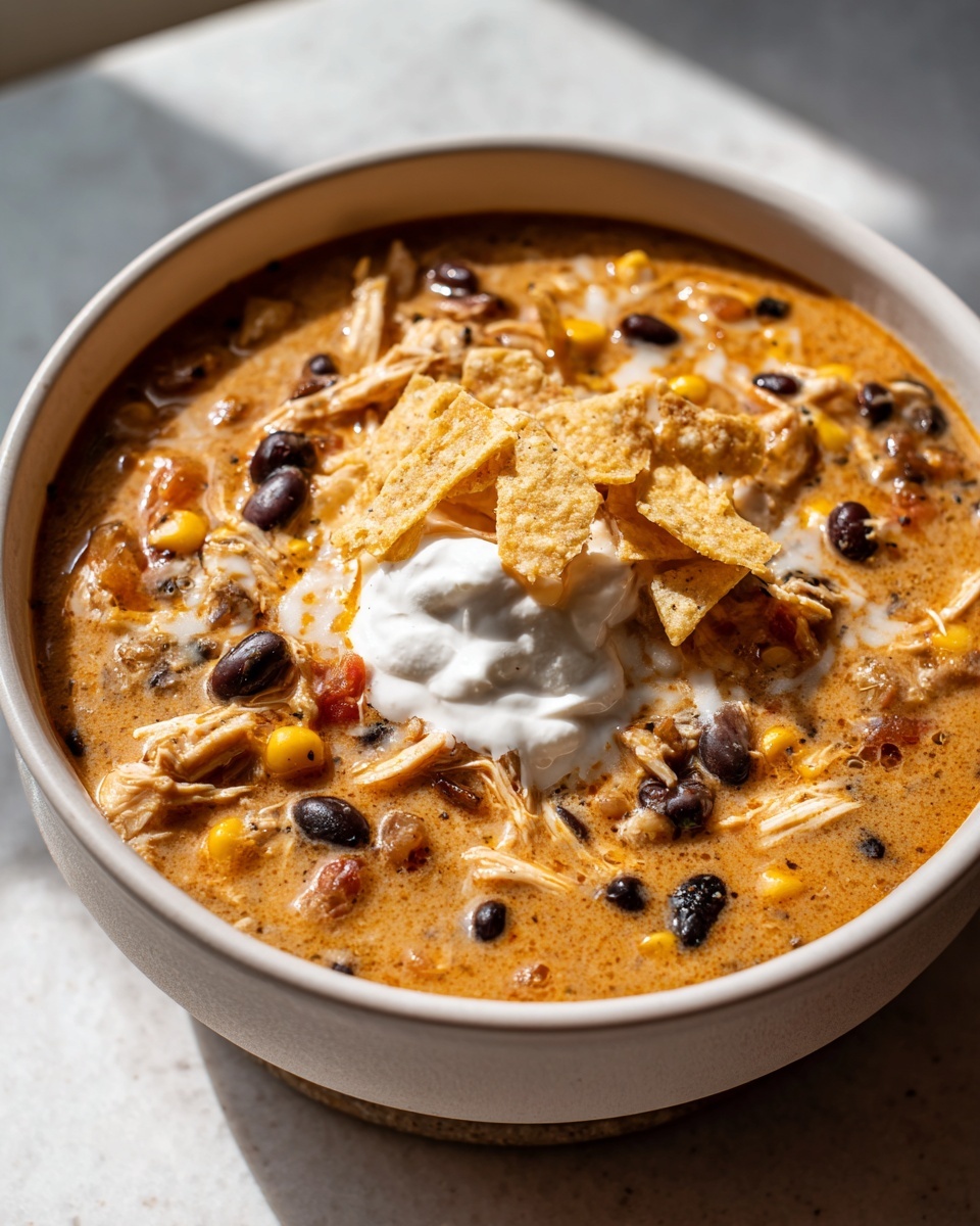 Close-up of Martina McBride's Creamy Chicken Tortilla Soup topped with sour cream, tortilla chips, chicken, and black beans.