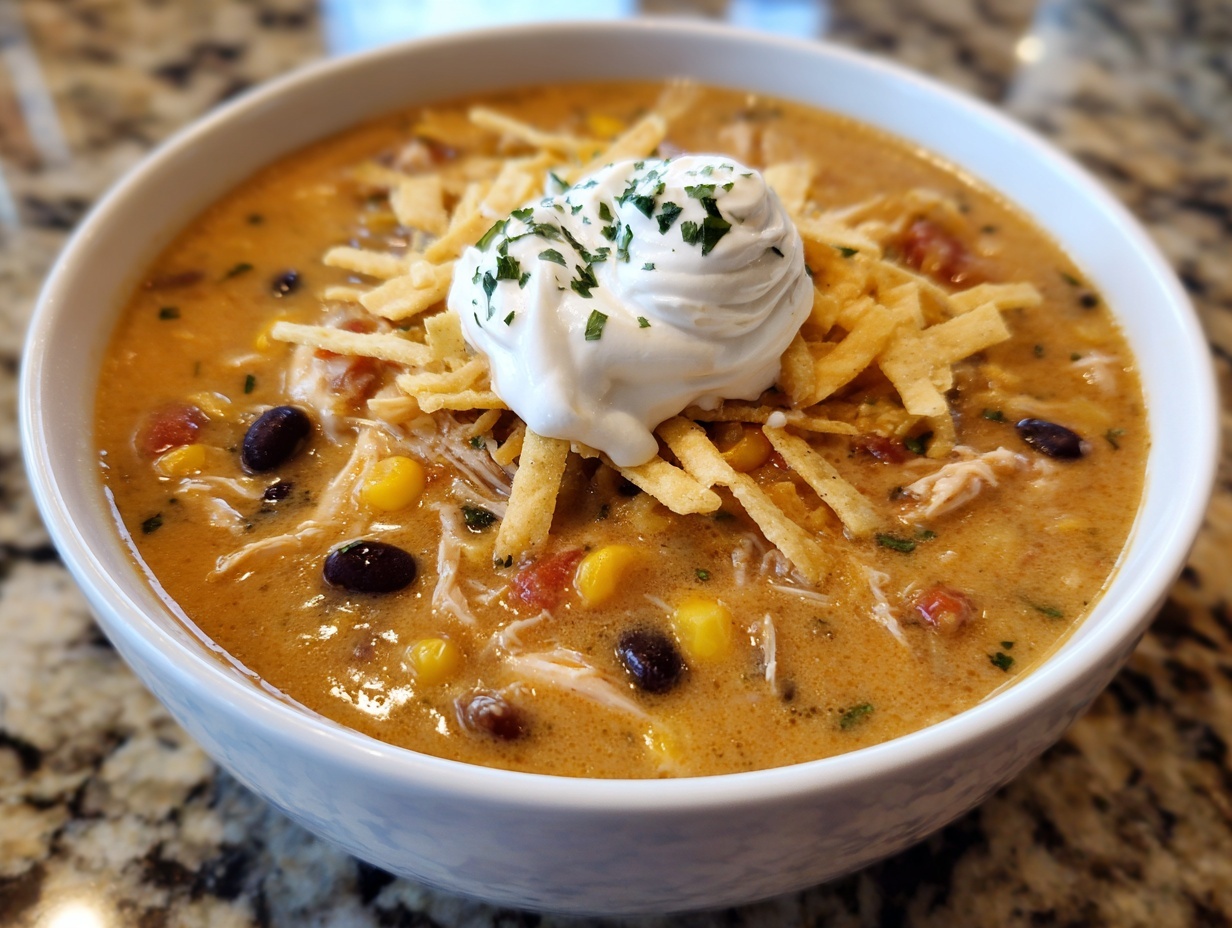 A close-up of Martina McBride's Creamy Chicken Tortilla Soup topped with sour cream and tortilla strips.