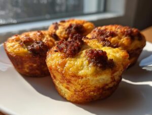 Four golden brown, muffin-shaped McGriddle bites with sausage topping sitting on a white plate near a window.