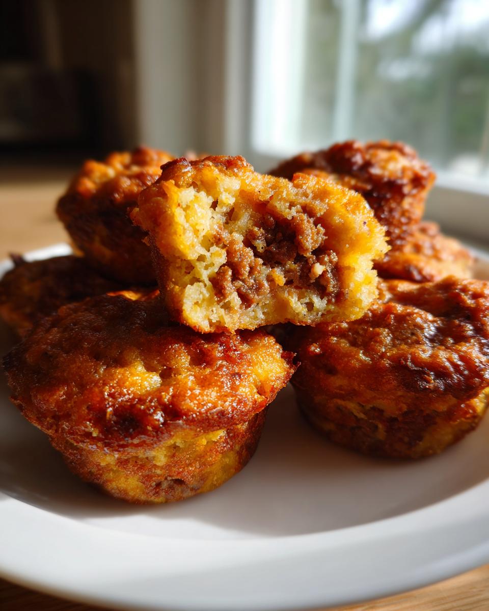 Close-up of golden brown McGriddle bites stacked on a white plate, one is broken open showing the savory filling.